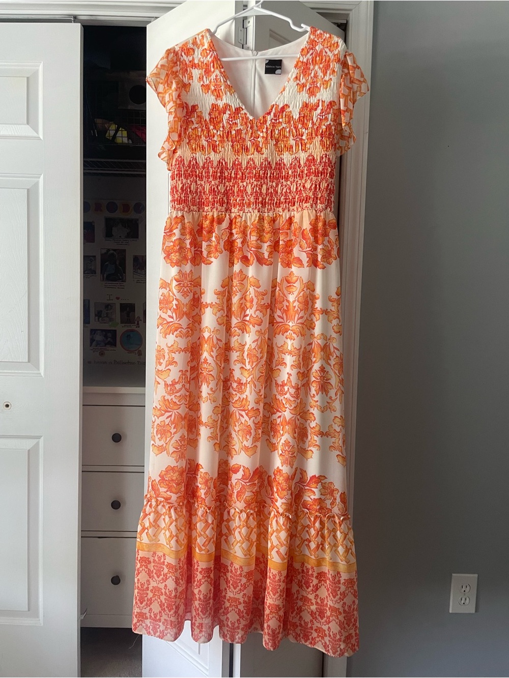 Maison Tara White Maxi Dress with Orange Floral Print